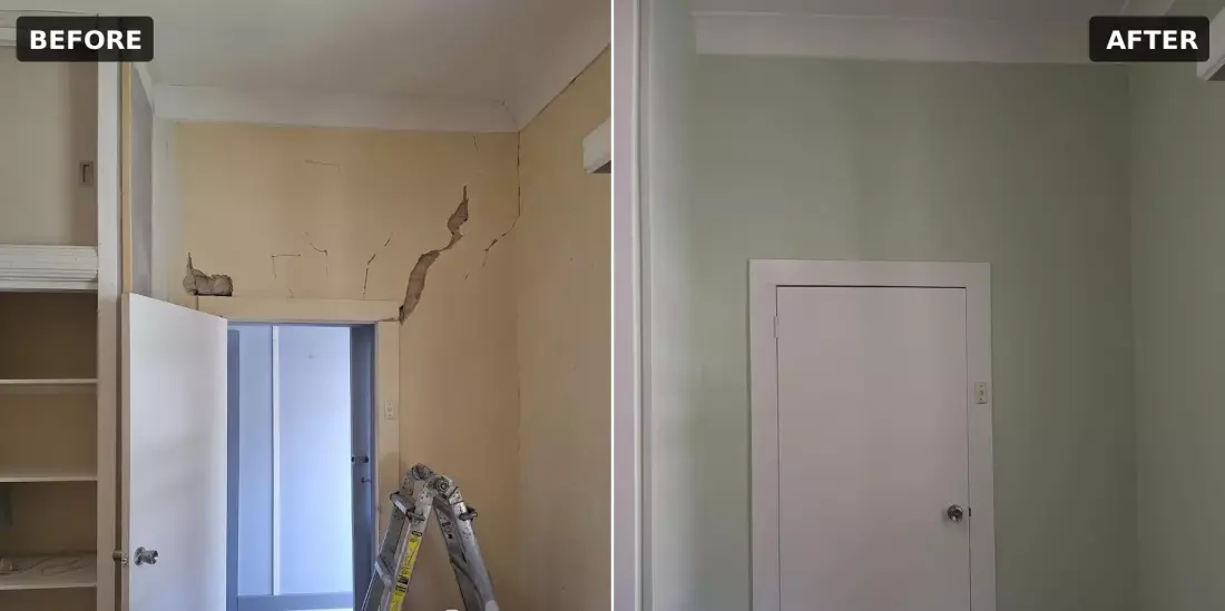 Damaged interior wall above a doorway before and after repair and painting