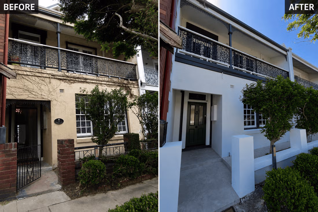 Newcastle terrace house before and after exterior preparation and painting