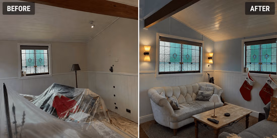Living room before and after interior preparation and painting