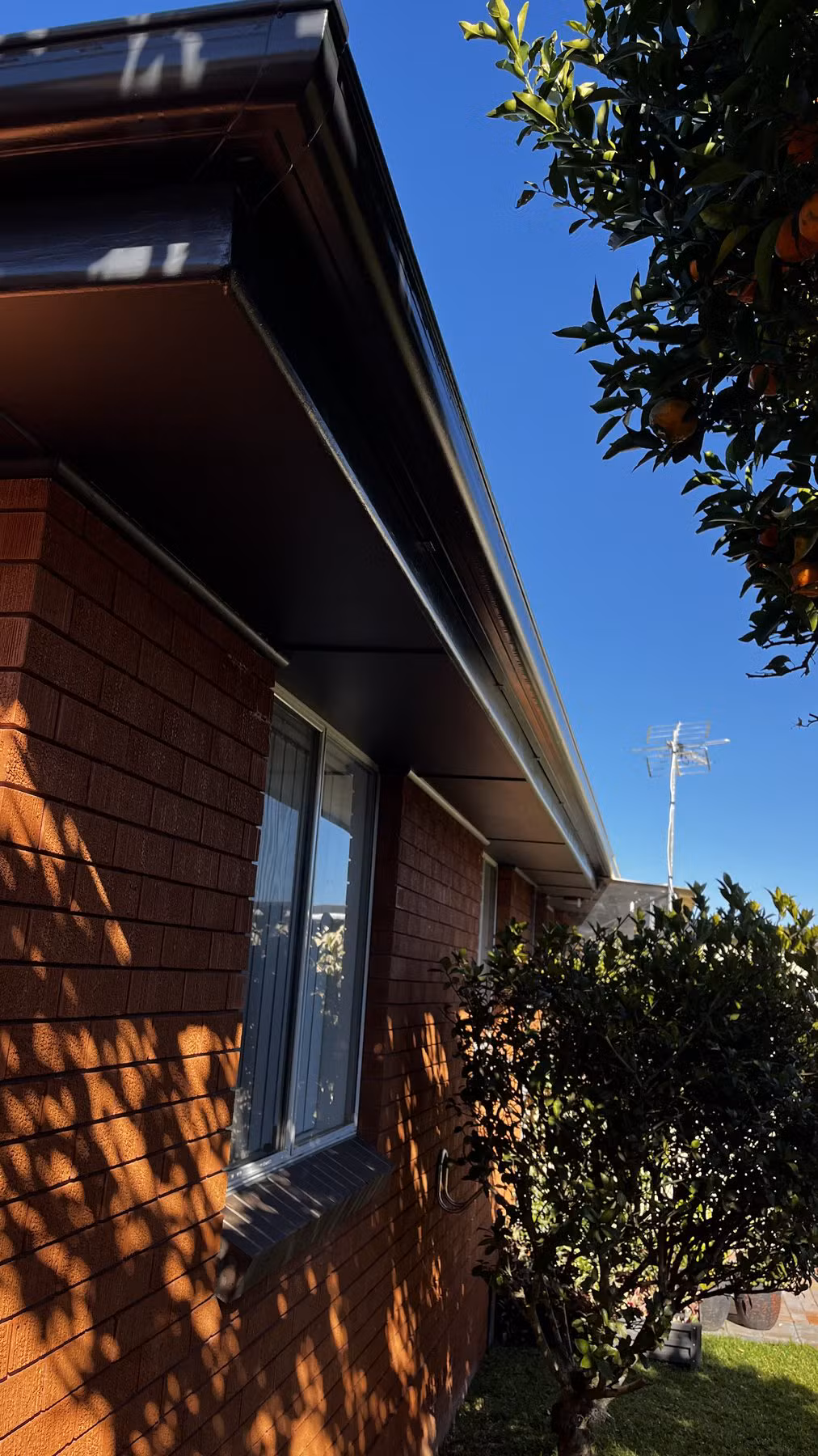 Dark eaves and gutter forming a continuous line along the brick exterior
