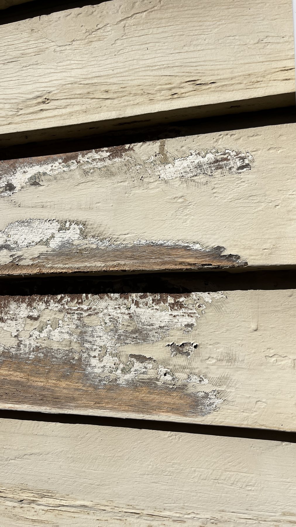 Close-up of peeling paint on old timber weatherboards